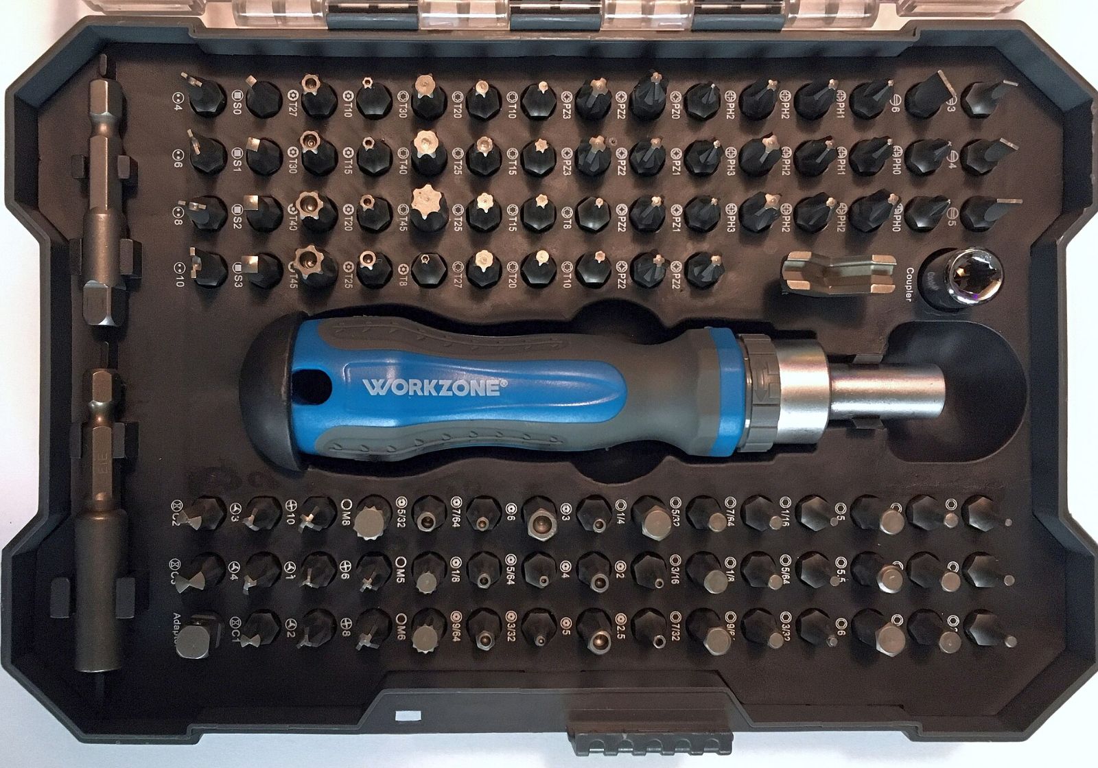 An open case of screwdriver bits with a ratchet screwdriver